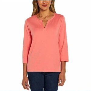 "NWT"ORVIS Ladies Pima Cotton ¾‎ Sleeve Split Neck Top, Medium, Pink (Tea Rose)